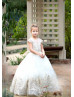 Cap Sleeves Gold Lace White Tulle V Back Flower Girl Dress